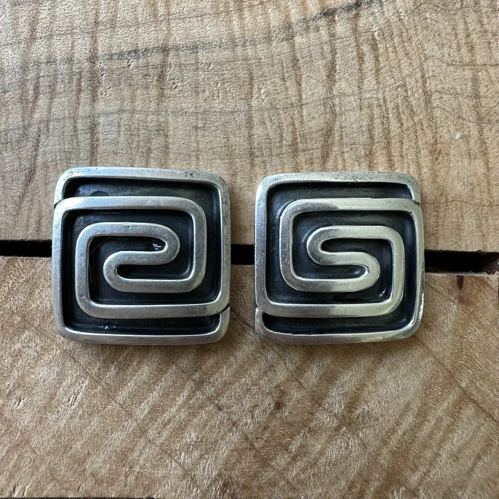 Vintage Silverbird Earrings 0.625 Inch Geometric Maze Square‎ 925 Sterling 11.6g